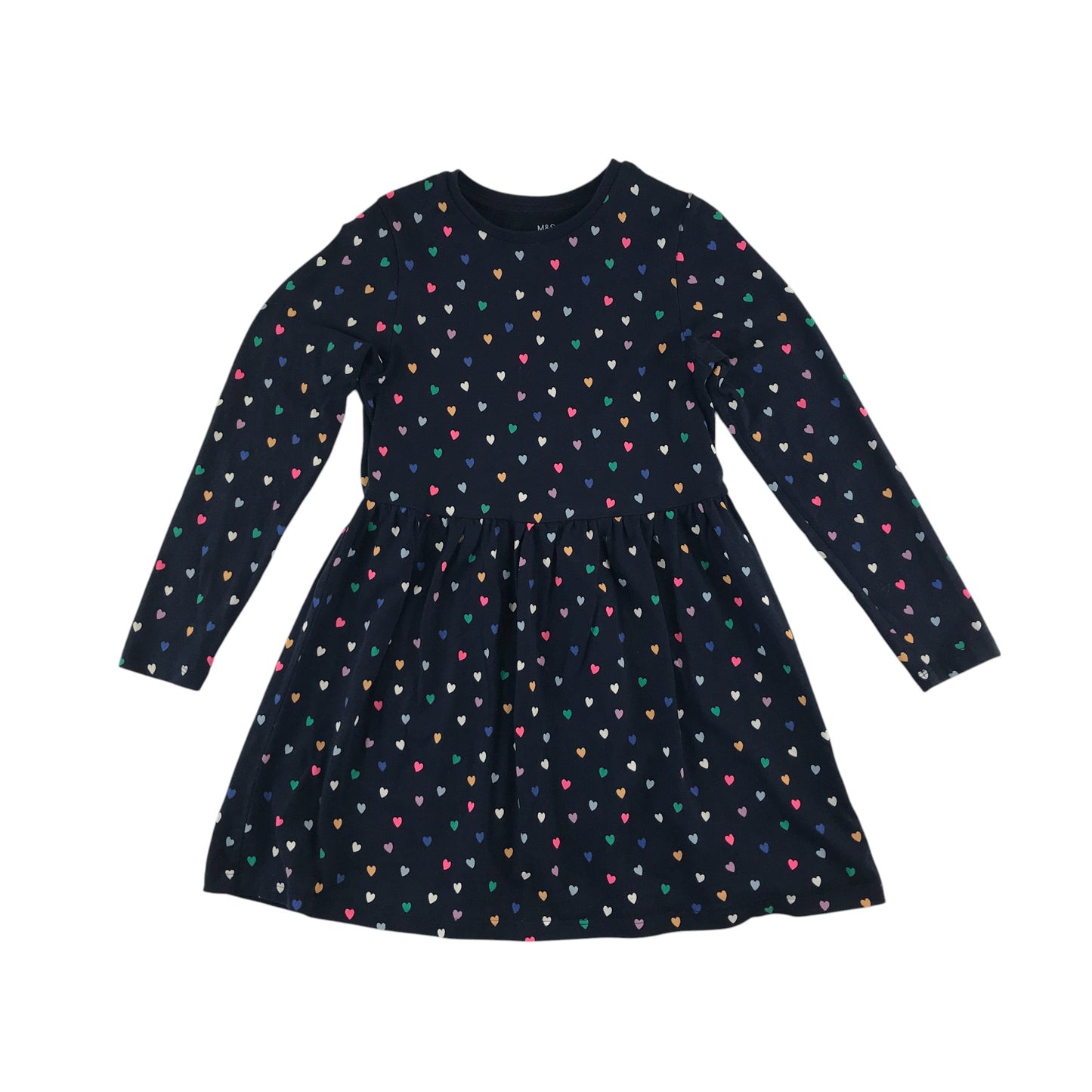 M&S dress 6-7 years navy blue multicolour love hearts cotton