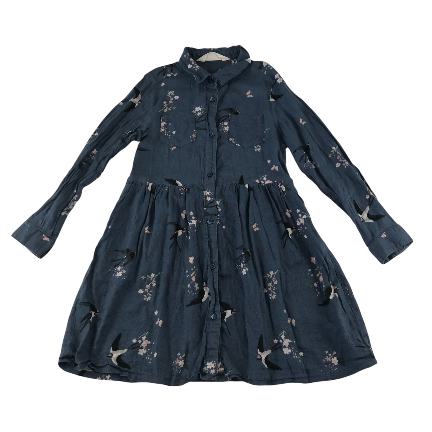 H&M dress 5-6 years navy blue floral bird and butterfly design