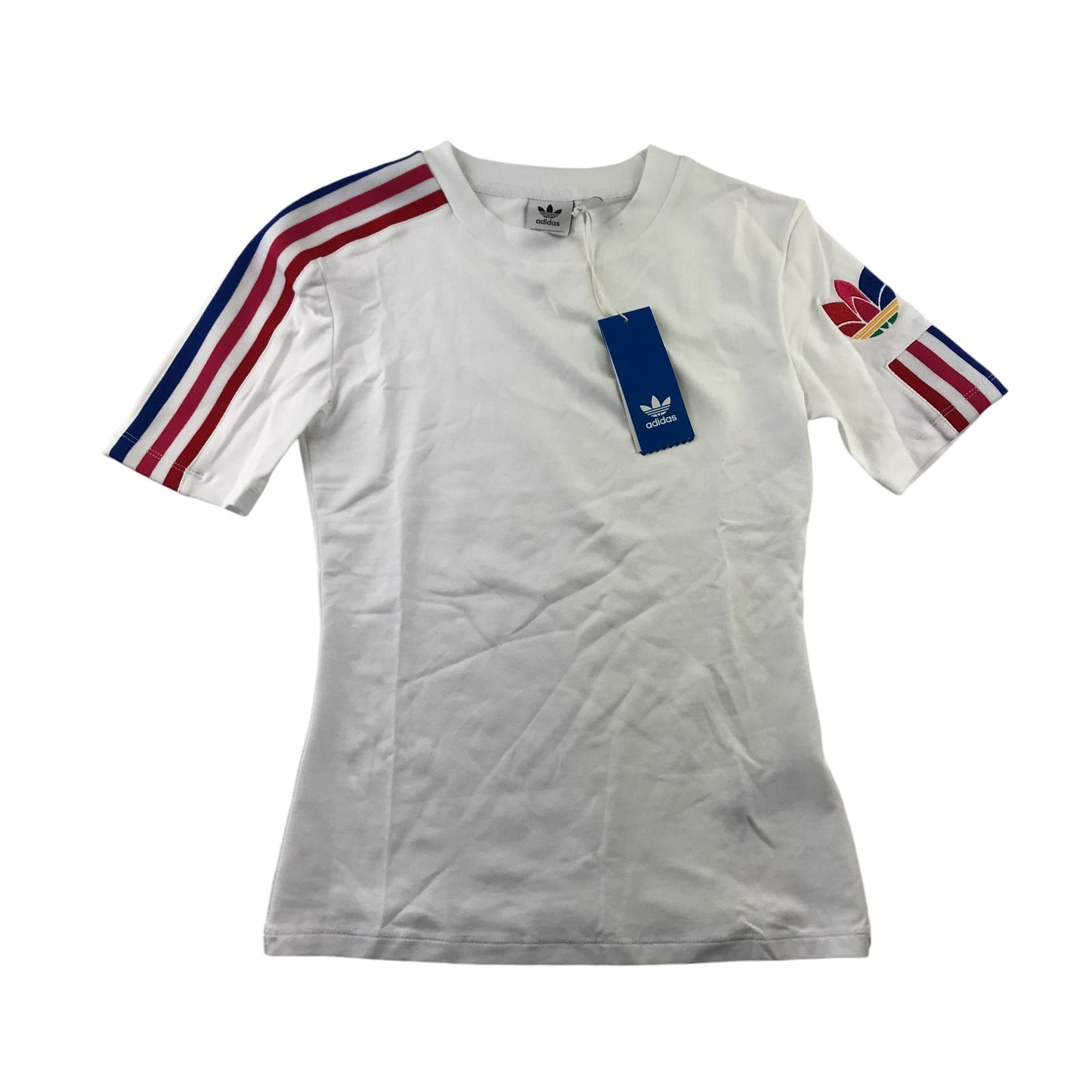 Adidas Originals T-Shirt Women's UK 8 White Blue Pink Red 3 Strips with Logo on Left Arm