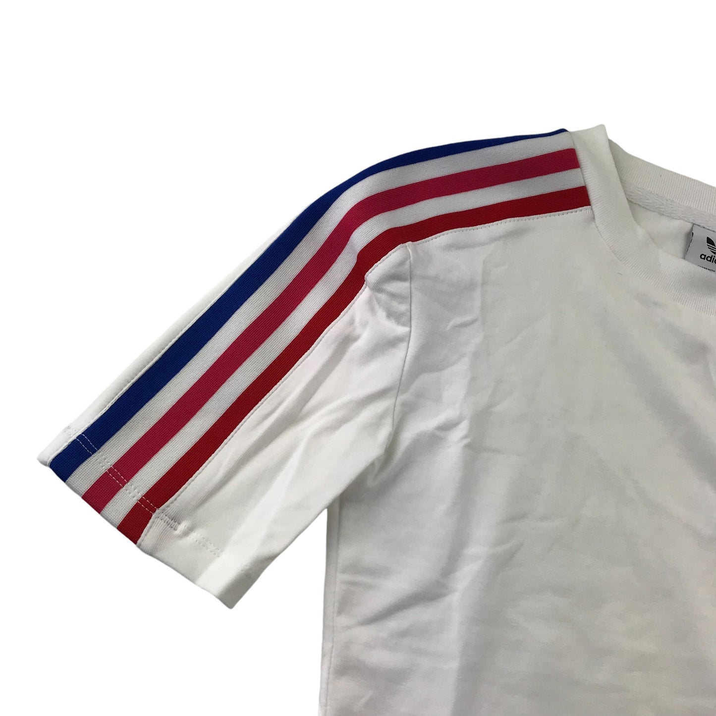 Adidas Originals T-Shirt Women's UK 8 White Blue Pink Red 3 Strips with Logo on Left Arm