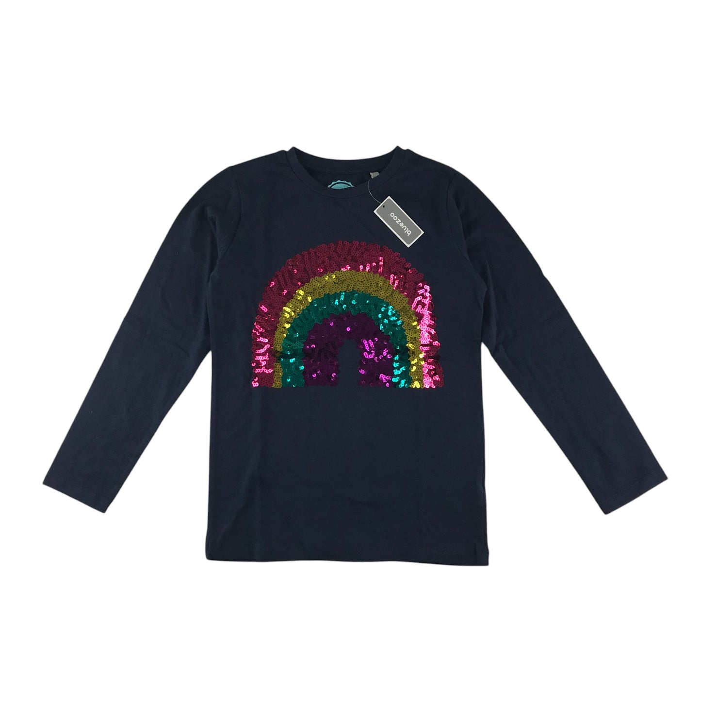 Bluezoo t-shirt 9-10 years navy blue sequin rainbow long sleeve cotton