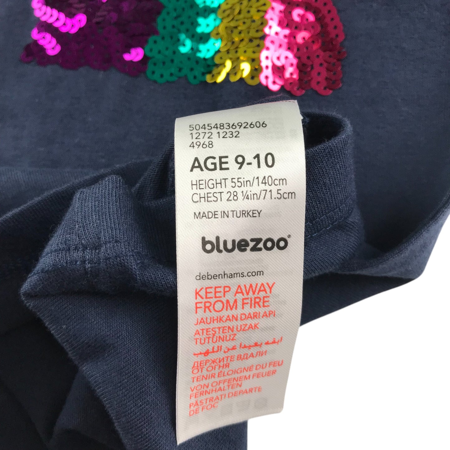 Bluezoo t-shirt 9-10 years navy blue sequin rainbow long sleeve cotton