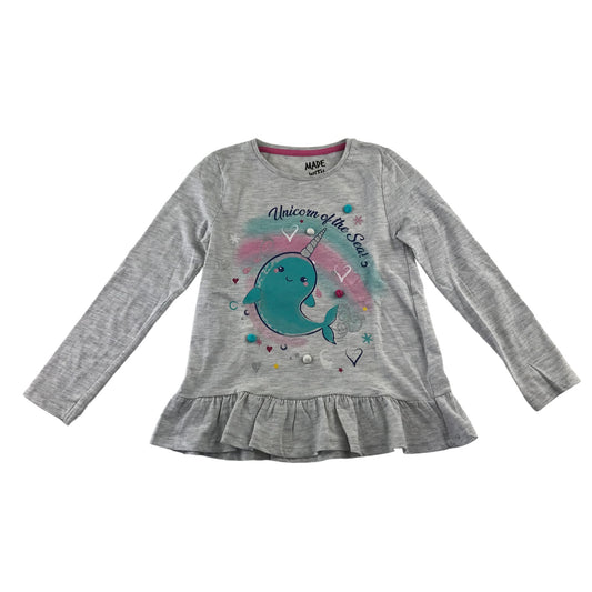 F&F t-shirt 6-7 years light grey long sleeve peplum hem narwhal