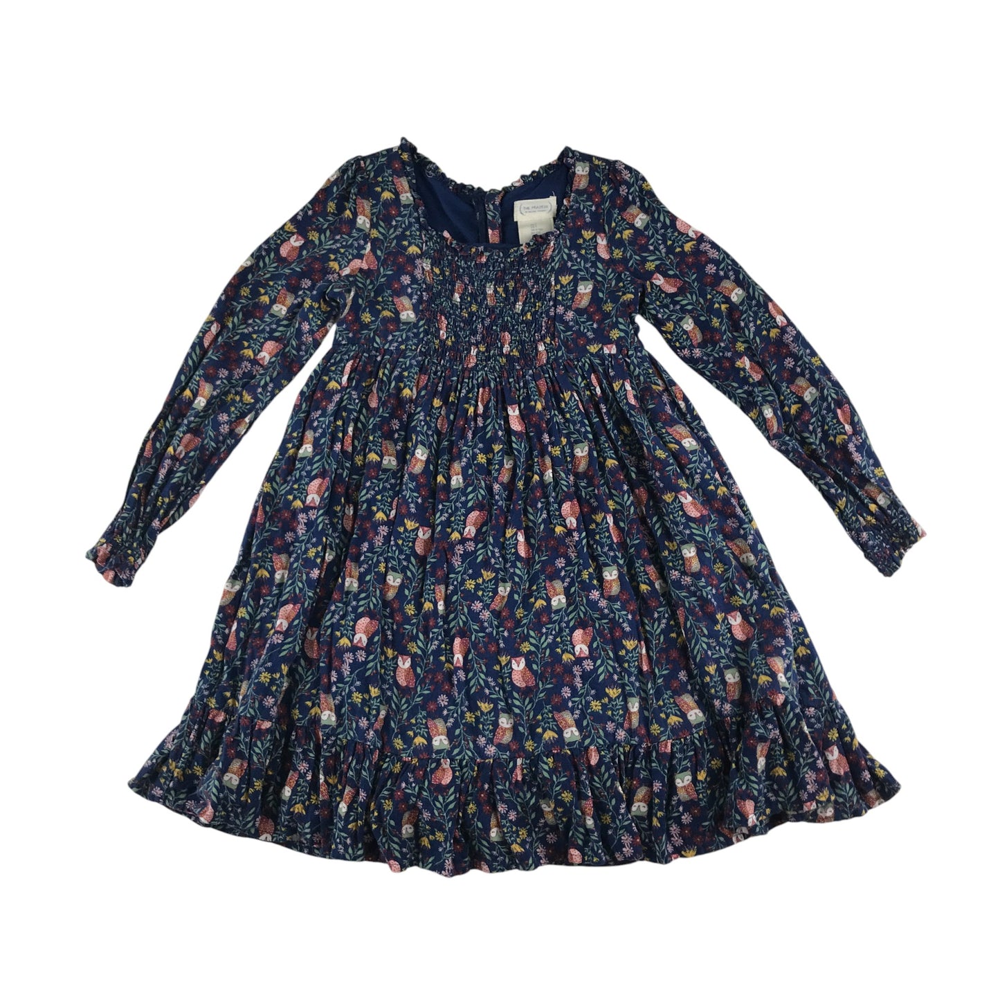 The Prairie dress 6-7 years blue owl and floral print A-line long sleeve