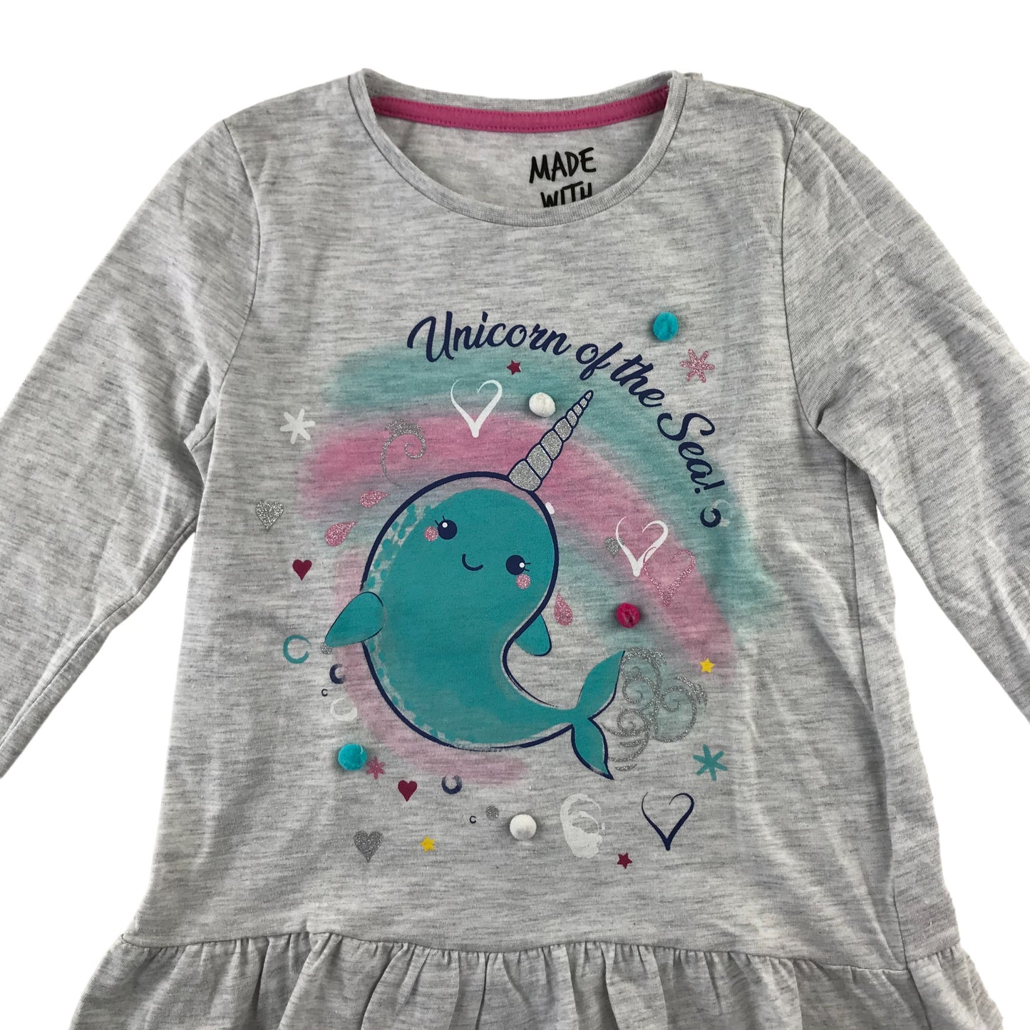 F&F t-shirt 6-7 years light grey long sleeve peplum hem narwhal