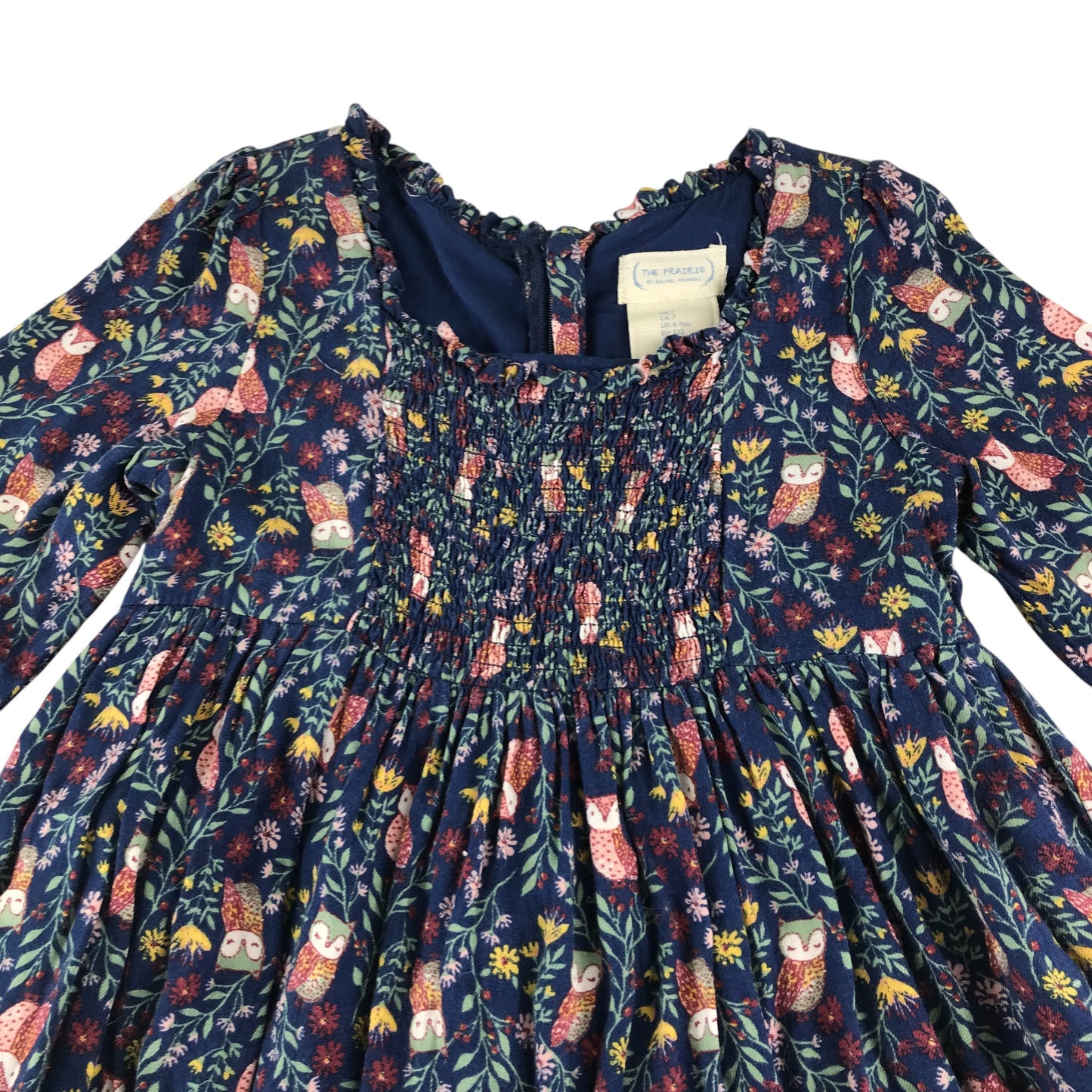 The Prairie dress 6-7 years blue owl and floral print A-line long sleeve