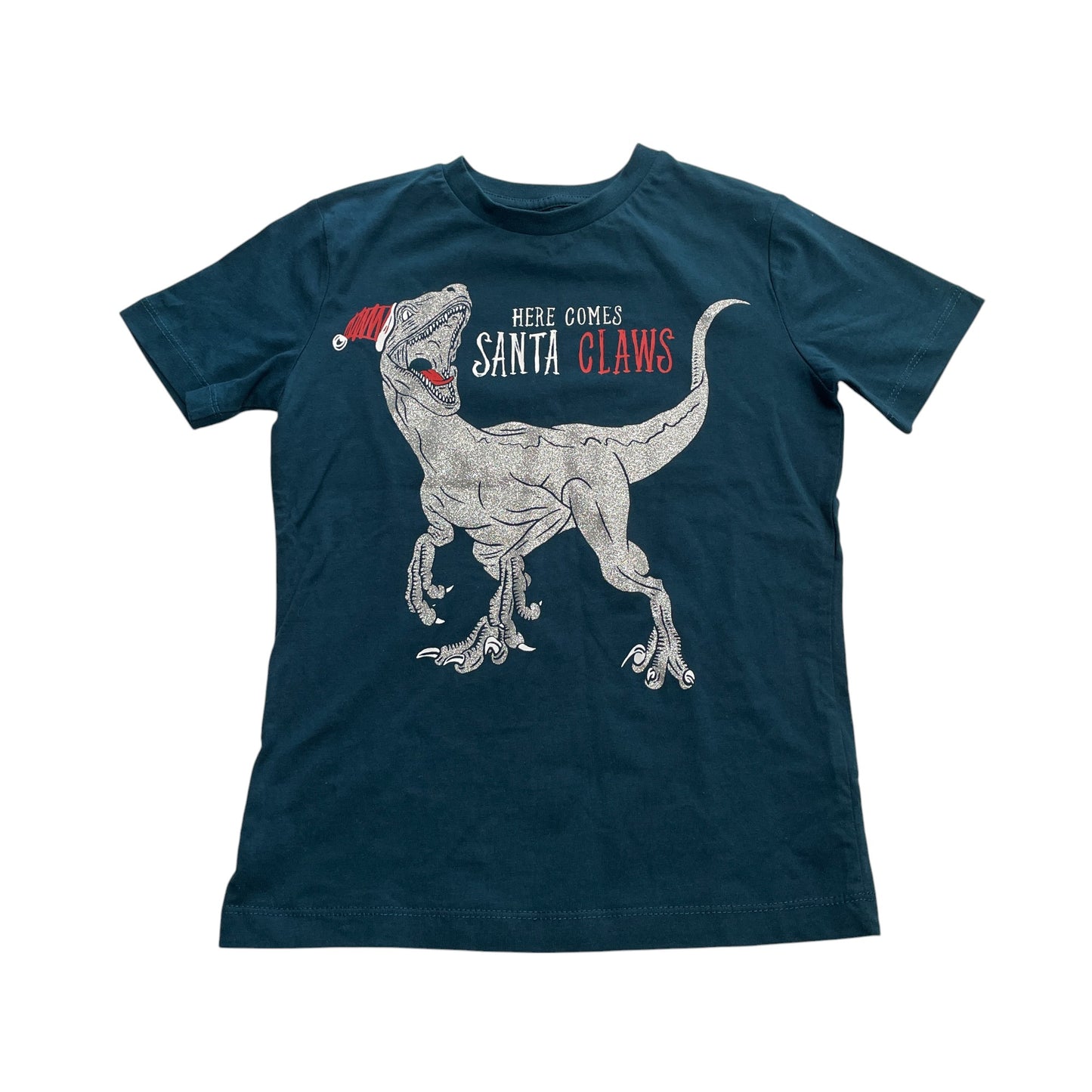 Next festive t-shirt 4-5 years teal Santa Claws glittery T-rex cotton