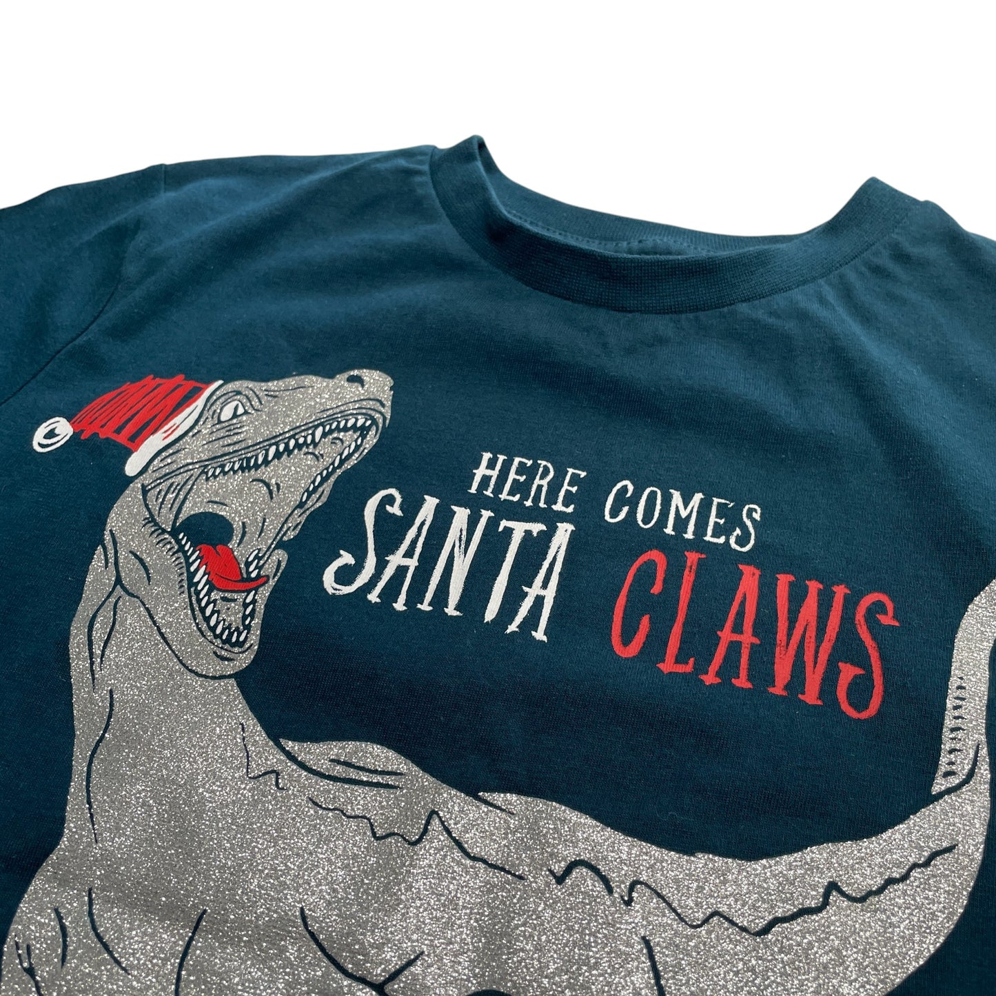 Next festive t-shirt 4-5 years teal Santa Claws glittery T-rex cotton