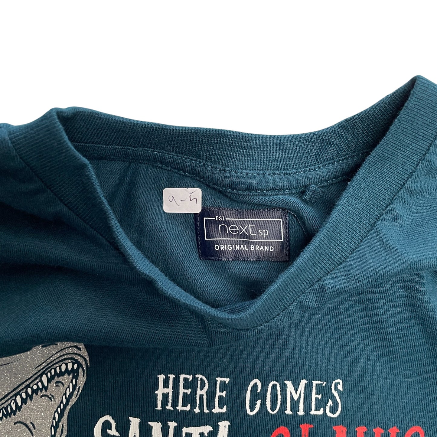 Next festive t-shirt 4-5 years teal Santa Claws glittery T-rex cotton