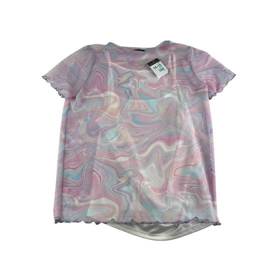 Primark blouse 14-15 years pink swirly mesh over top with white vest under layer