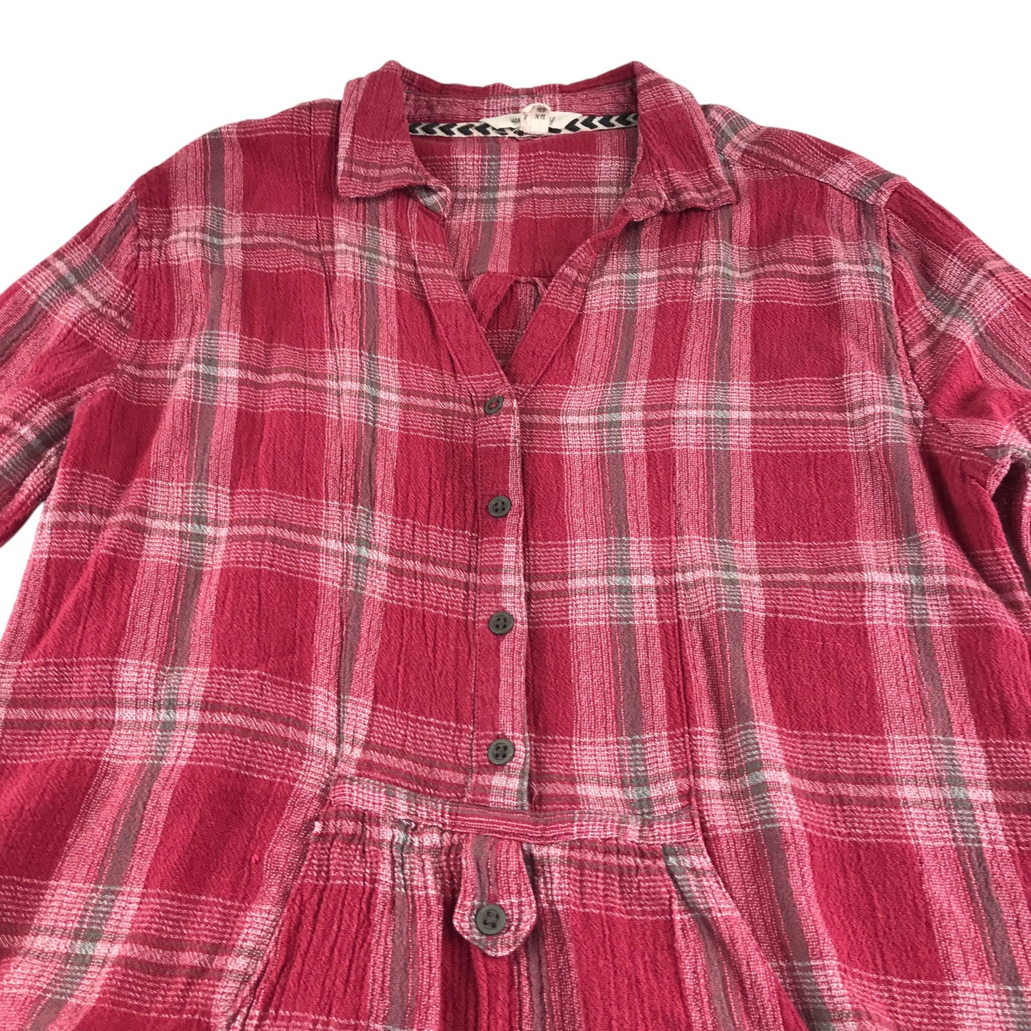 White Stuff dress women's XS pink checked shirt style with v-neck long sleeve