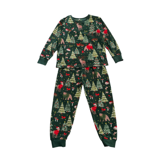 Primark festive pyjama set 5-6 years dark green long sleeve fleecy forest animals