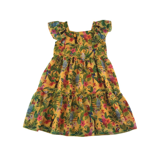 Emma Jayne x H&M dress 8-9 years yellow jungle themed print with parrots print design layered