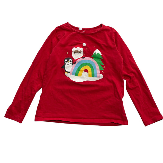 H&M festive t-shirt 6-8 years red Christmas rainbow print