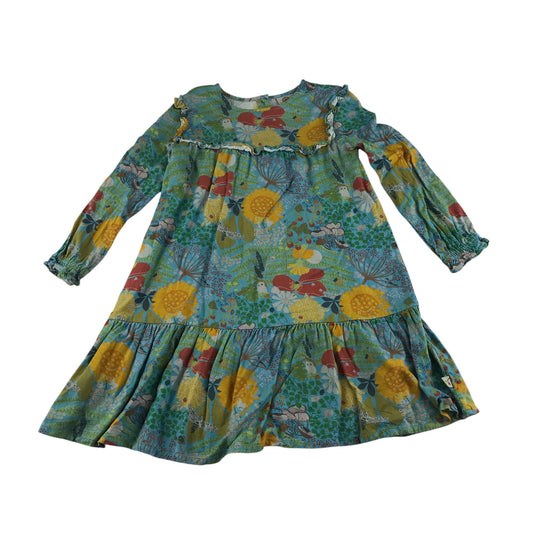 Frugi dress 5-6 years green floral print A-line tiered long sleeve