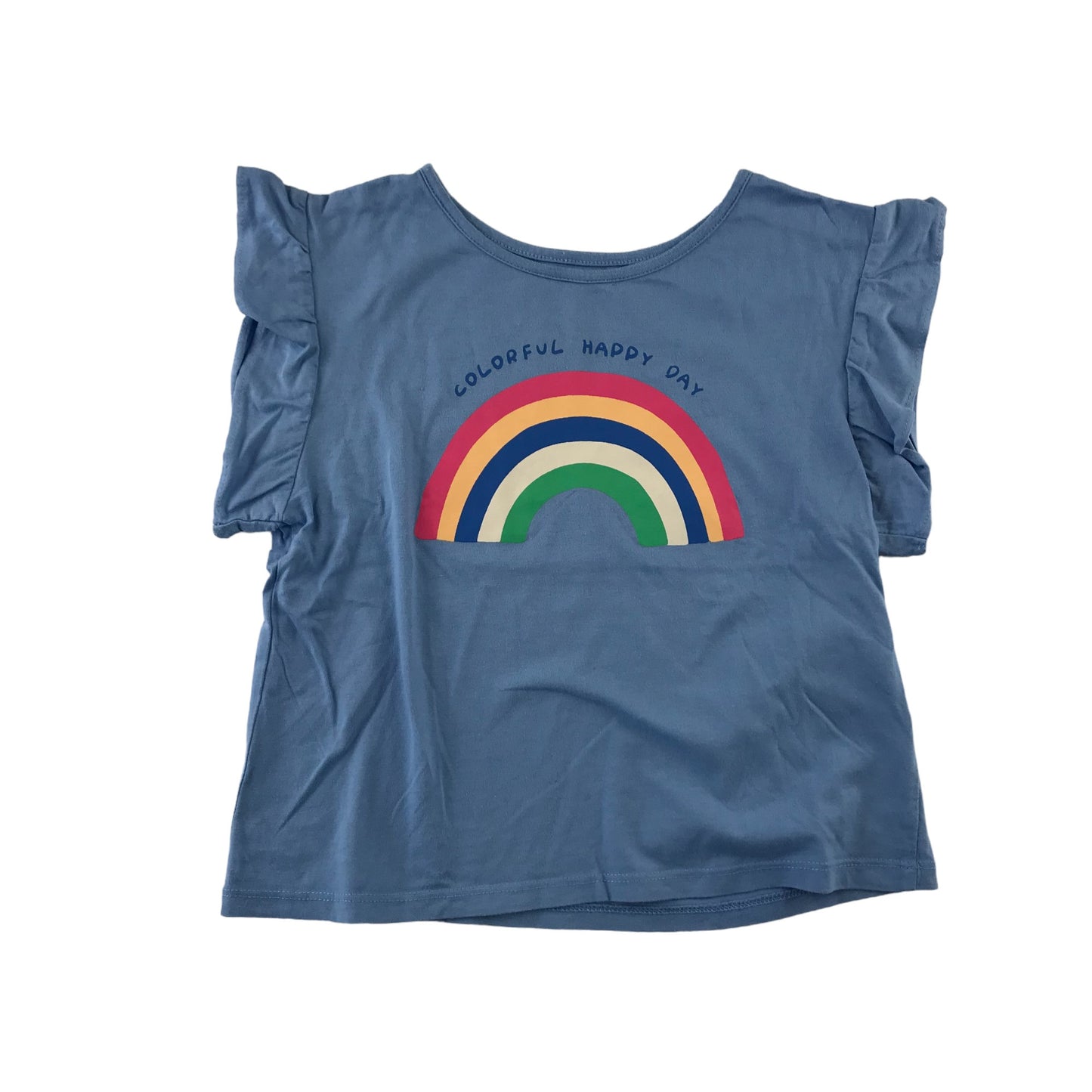 H&M t-shirt 7-8 years blue rainbow frilled sleeve details cotton