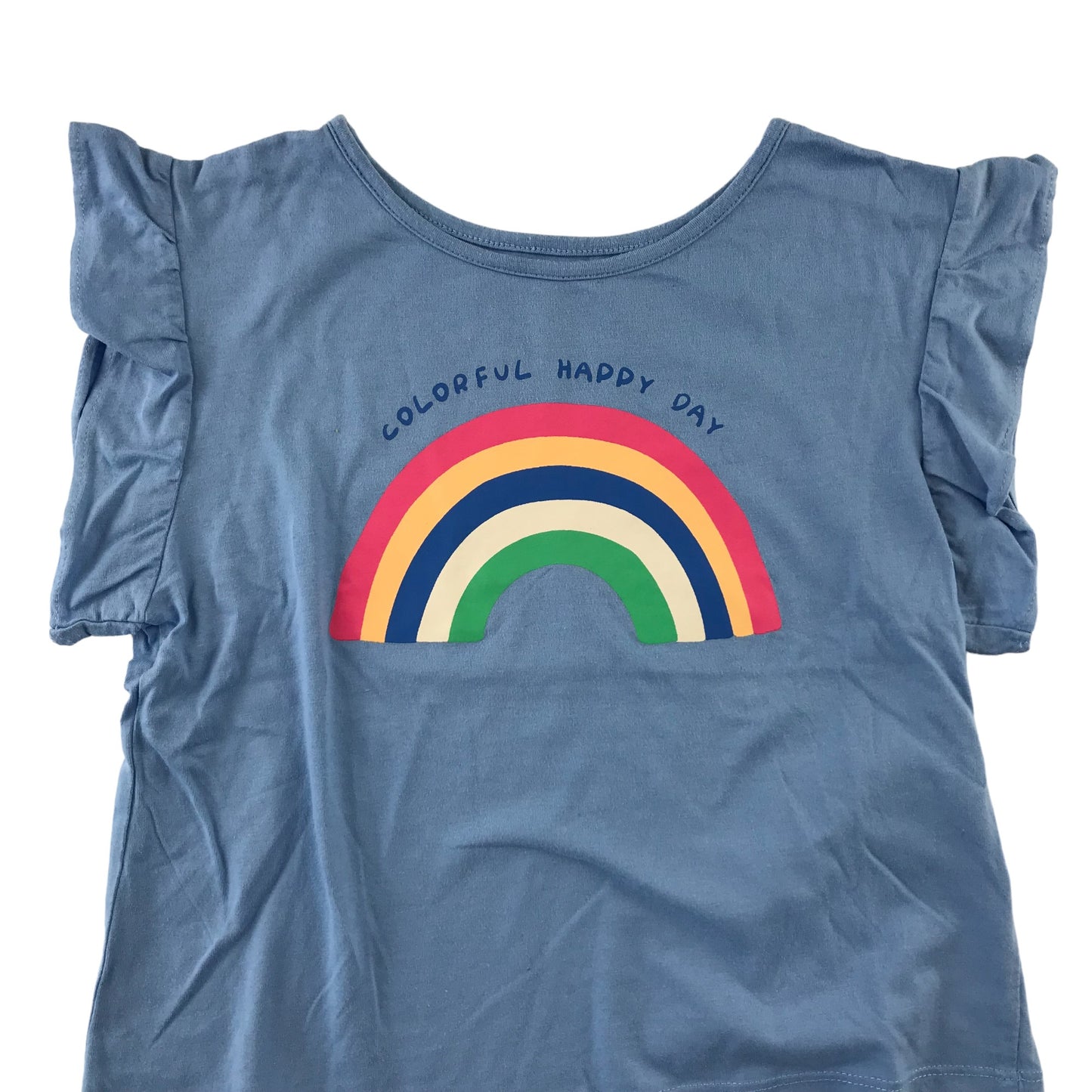 H&M t-shirt 7-8 years blue rainbow frilled sleeve details cotton