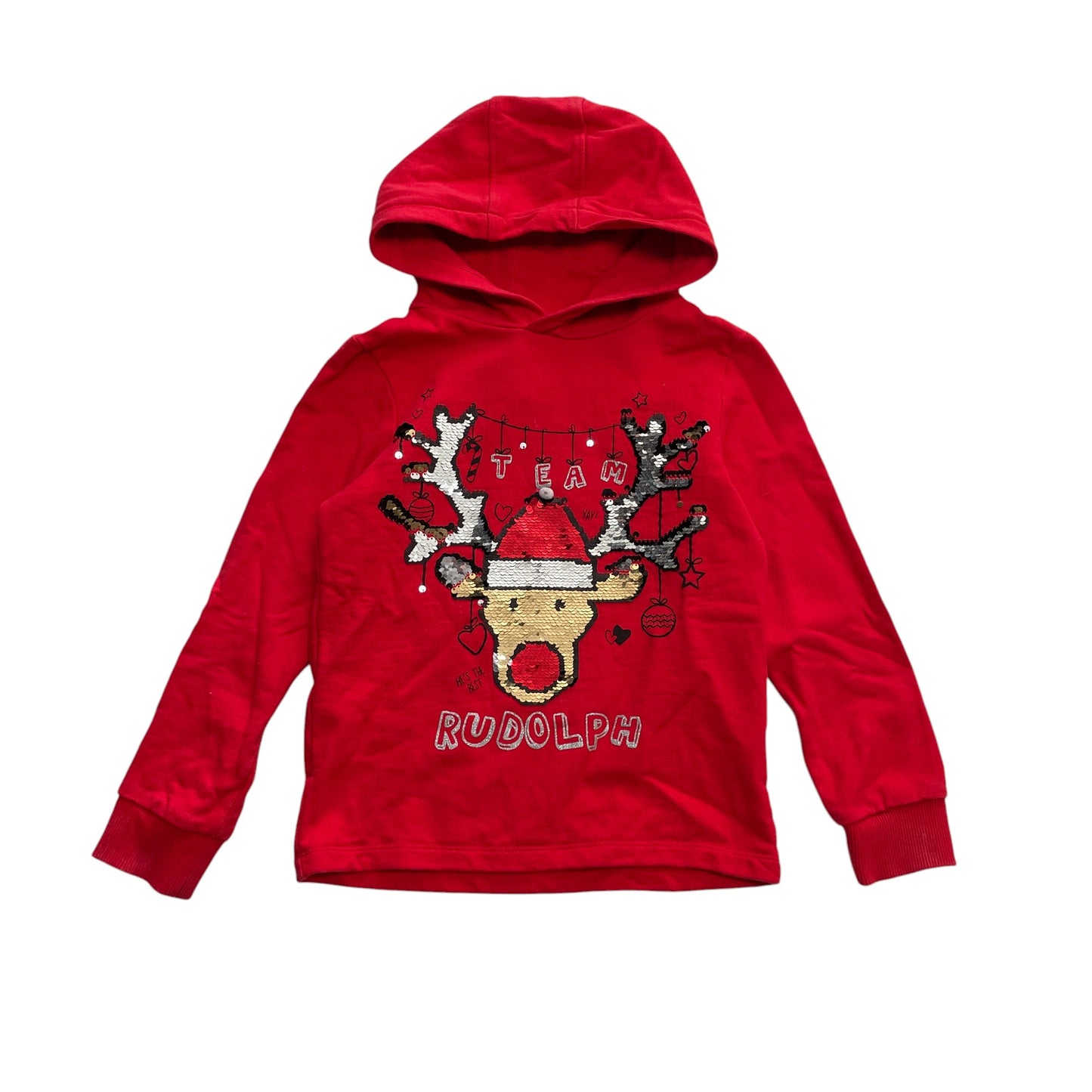 F&F festive hoodie 7-8 years red sequin Team Rudolph pullover cotton