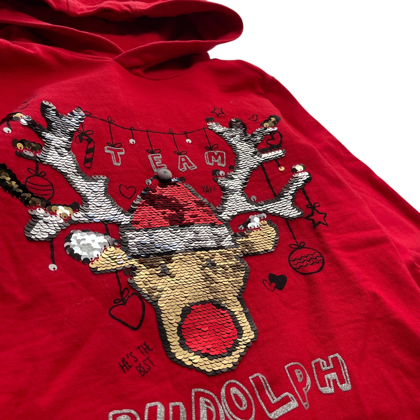 F&F festive hoodie 7-8 years red sequin Team Rudolph pullover cotton