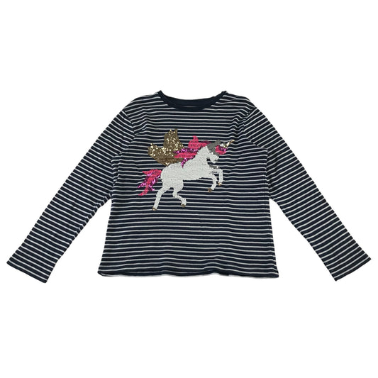 Next t-shirt 7-8 years navy and white stripy sequin unicorn long sleeve cotton