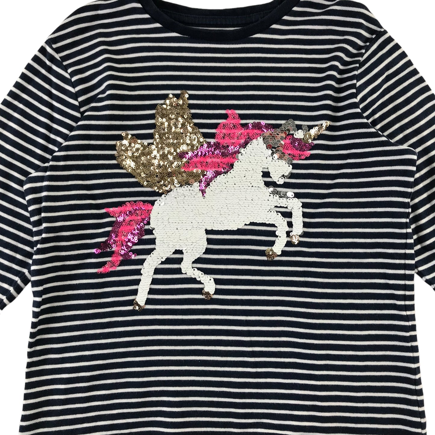 Next t-shirt 7-8 years navy and white stripy sequin unicorn long sleeve cotton