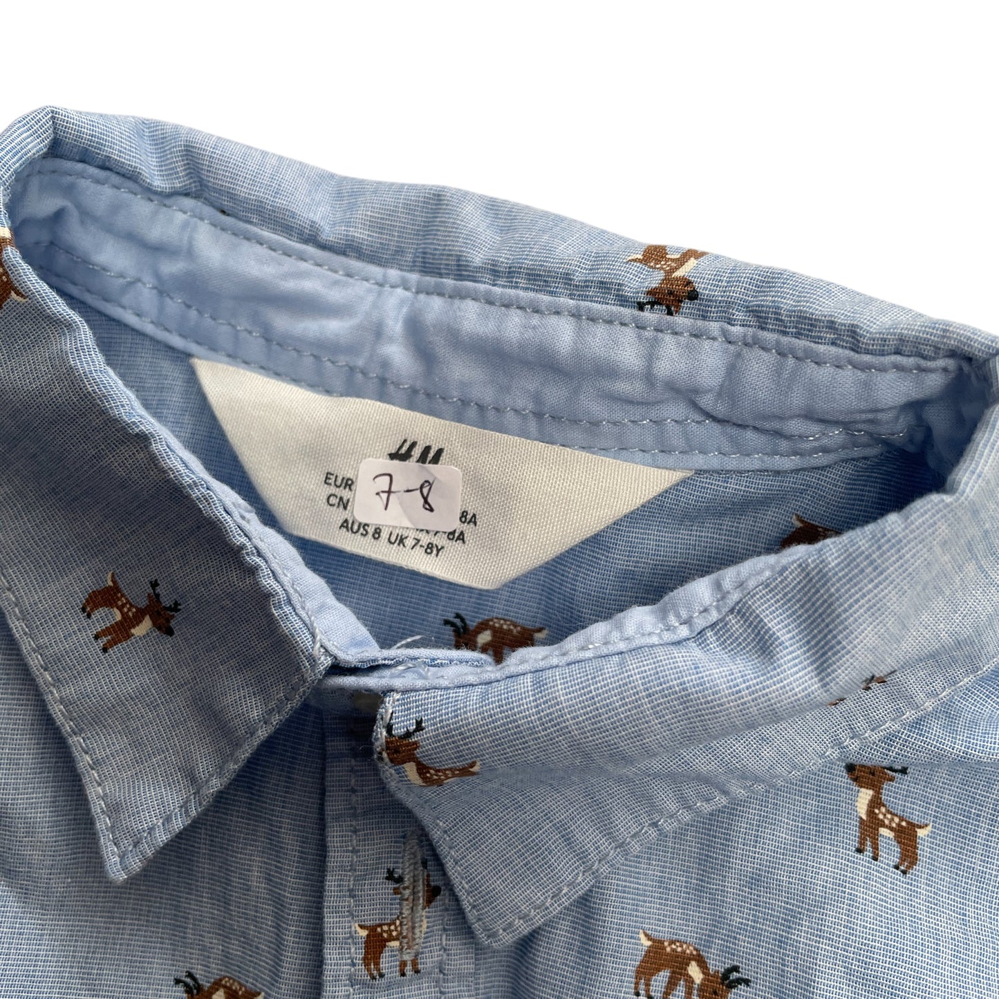 H&M shirt 7-8 years light blue reindeer print cotton