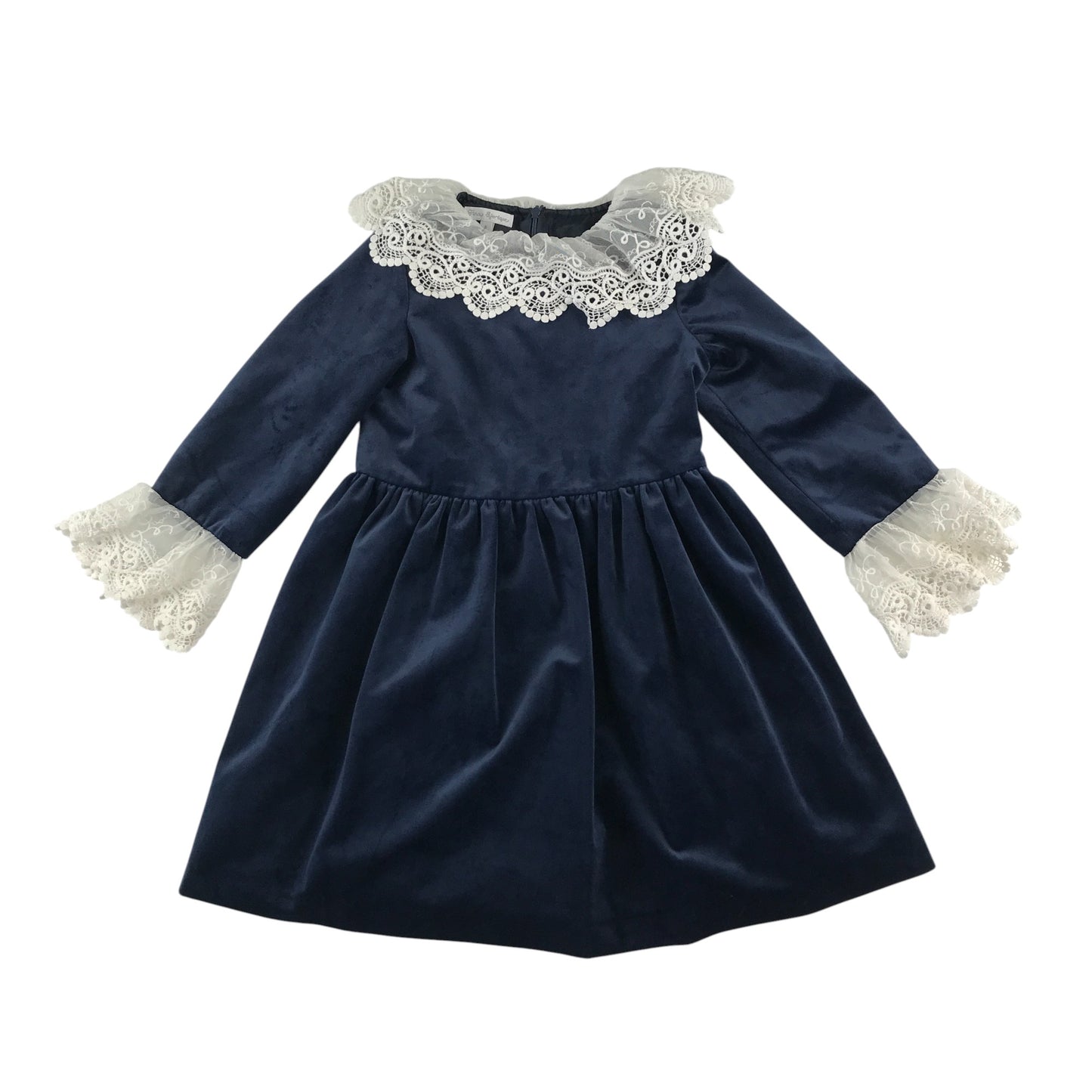 Fina Ejerique dress 7-8 years navy blue velvet style with lace collar and sleeve details