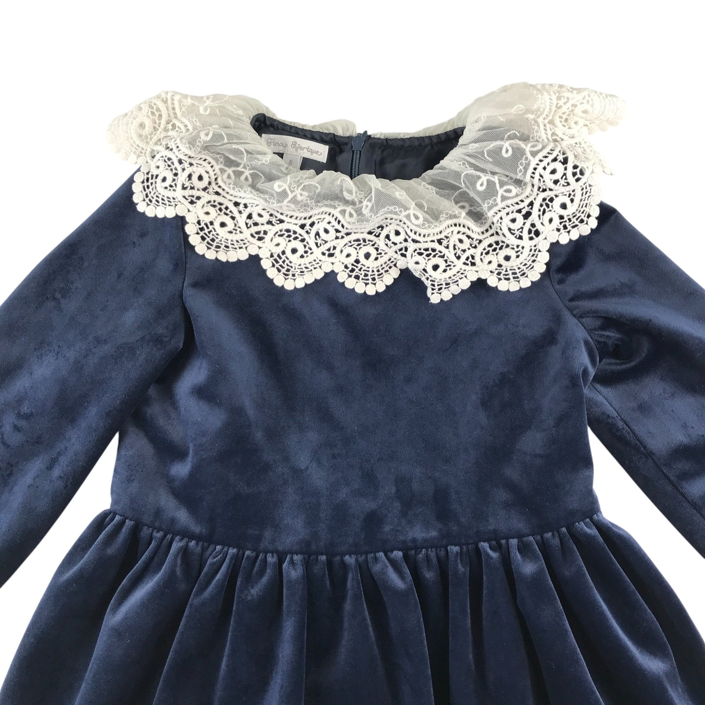Fina Ejerique dress 7-8 years navy blue velvet style with lace collar and sleeve details