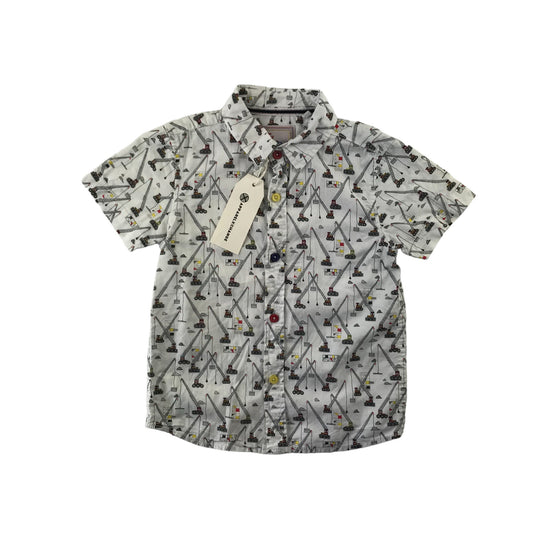 Tu Shirt Age 4 White Crane Construction Print Short Sleeve Button Up Cotton
