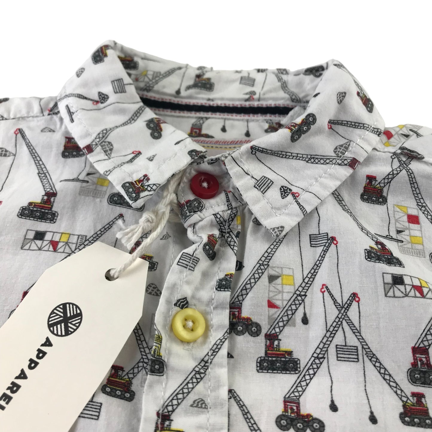 Tu Shirt Age 4 White Crane Construction Print Short Sleeve Button Up Cotton