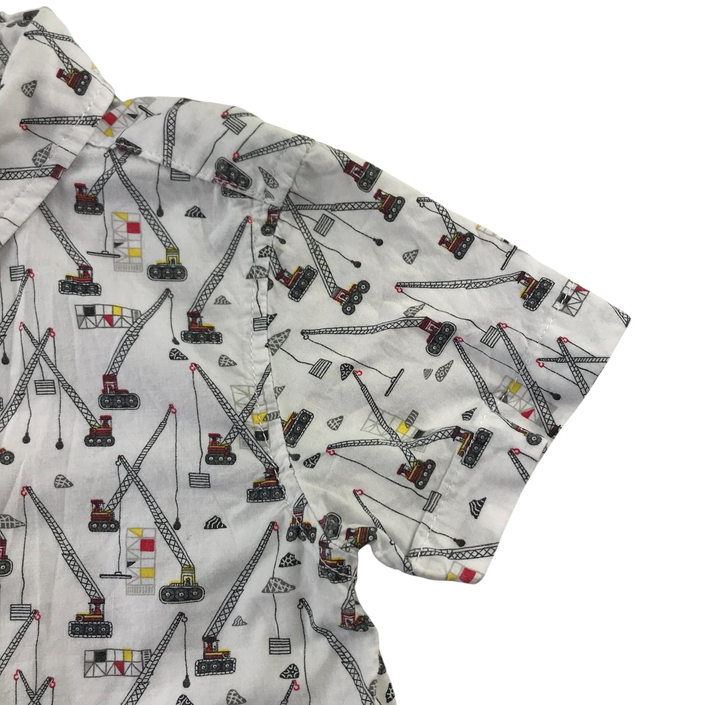 Tu Shirt Age 4 White Crane Construction Print Short Sleeve Button Up Cotton