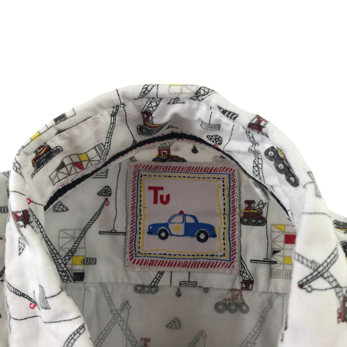 Tu Shirt Age 4 White Crane Construction Print Short Sleeve Button Up Cotton