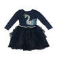 Monsoon dress 5-6 years navy sequin swan graphic with tulle glittery skirt