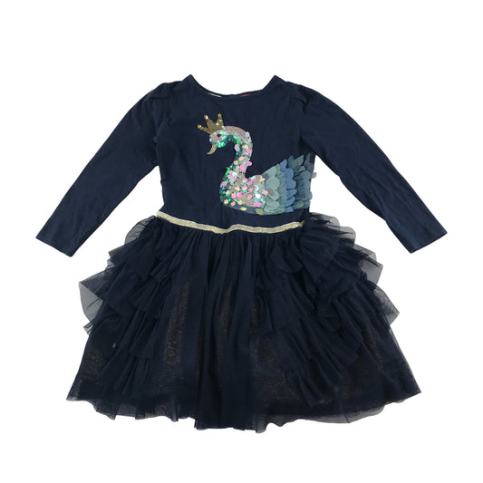 Monsoon dress 5-6 years navy sequin swan graphic with tulle glittery skirt