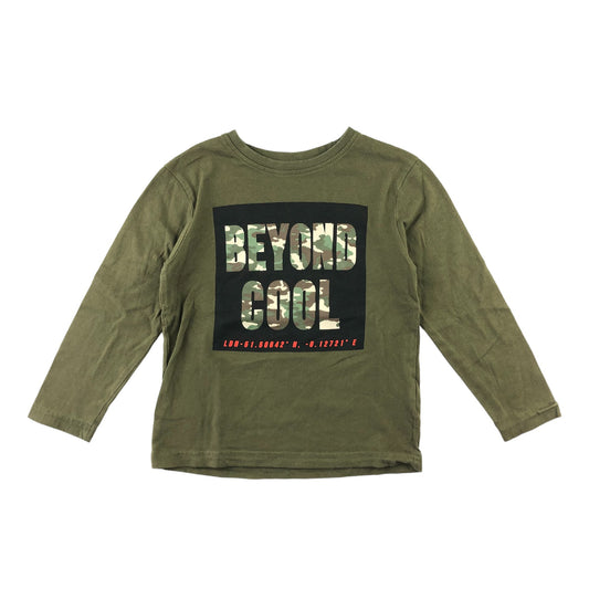 Primark t-shirt 5-6 years khaki green Beyond Cool print long sleeve cotton