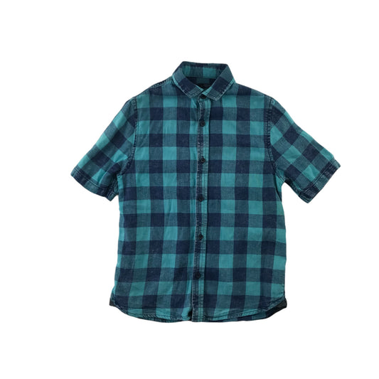 Next Shirt Age 8 Blue and Navy Checked Short Sleeve Button Up Cotton