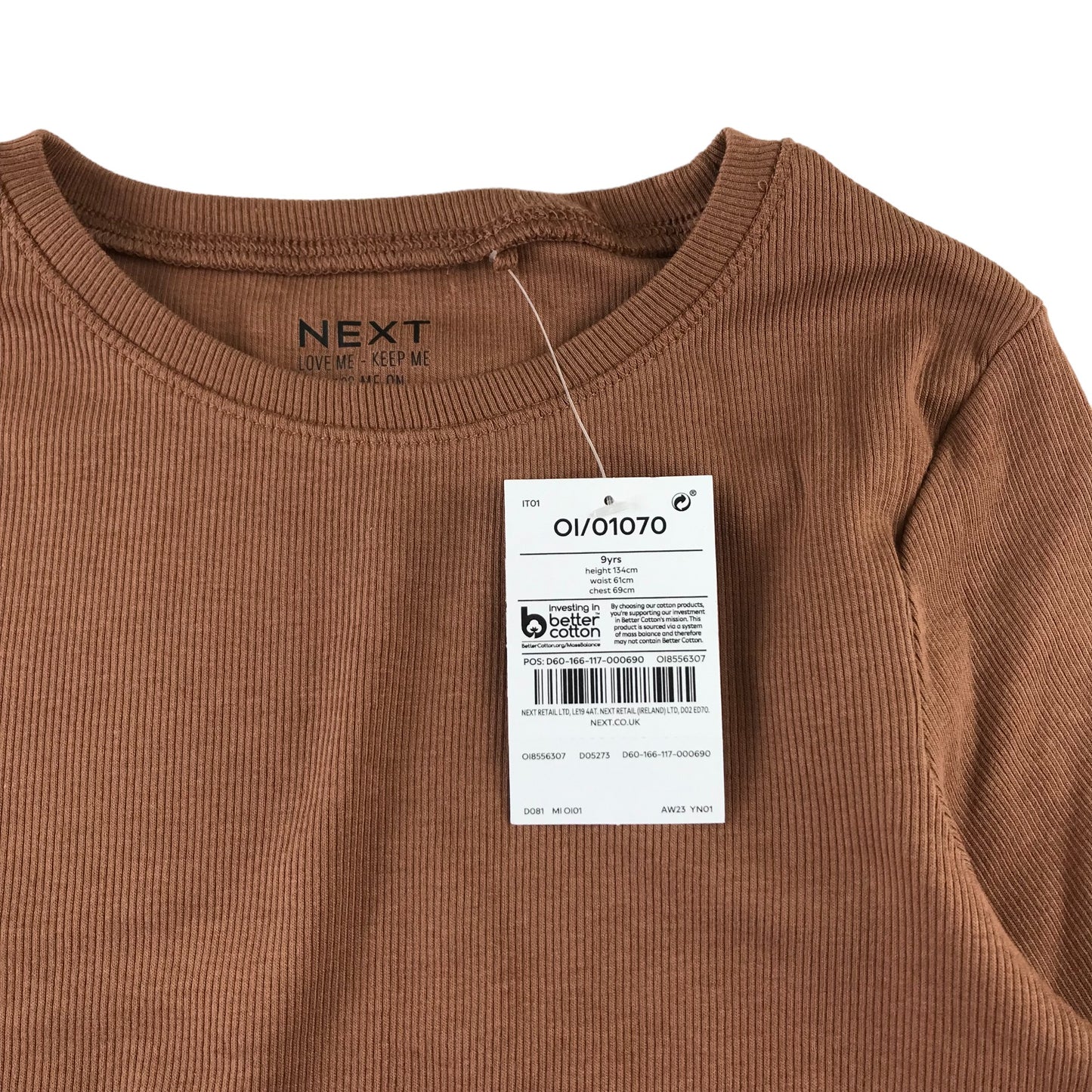 Next t-shirt 8-9 years brown long sleeve stretchy plain