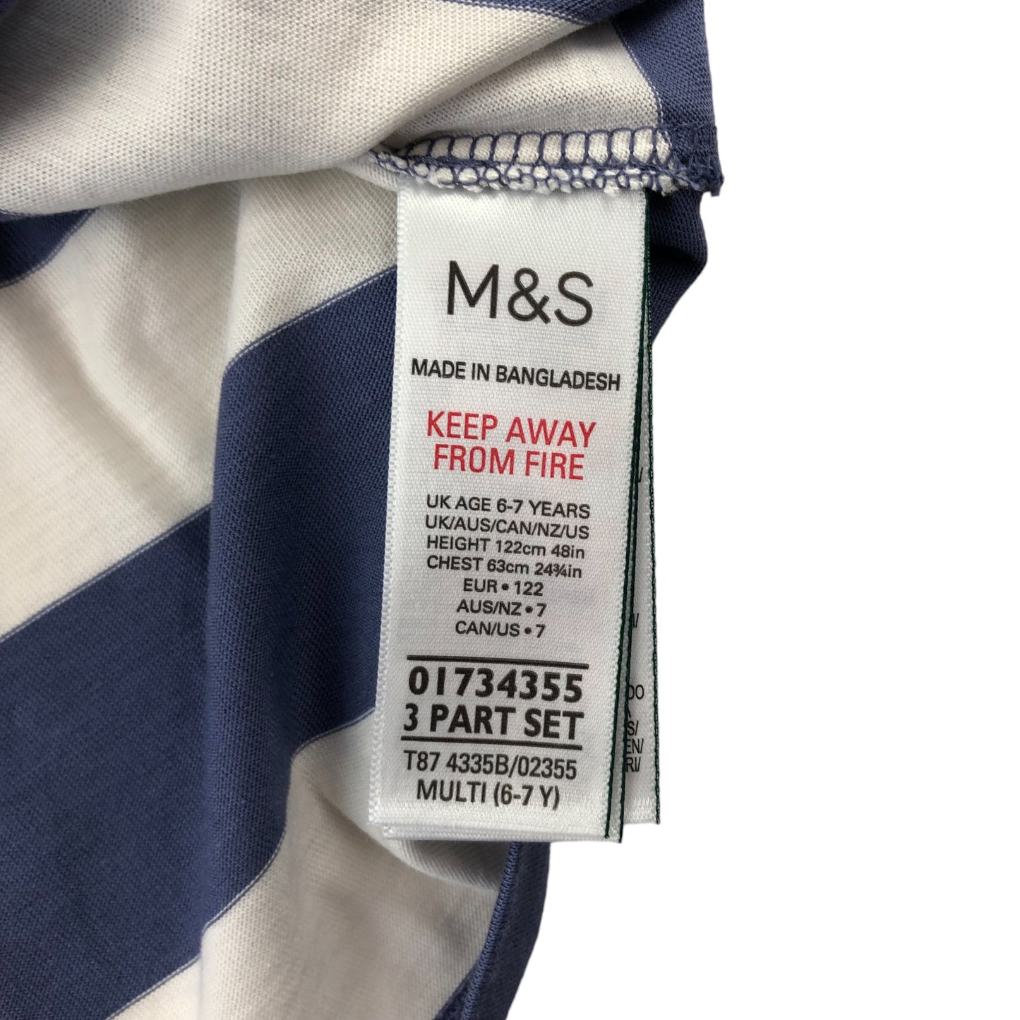 M&S T-Shirt 6-7 Years White and Blue Stripes