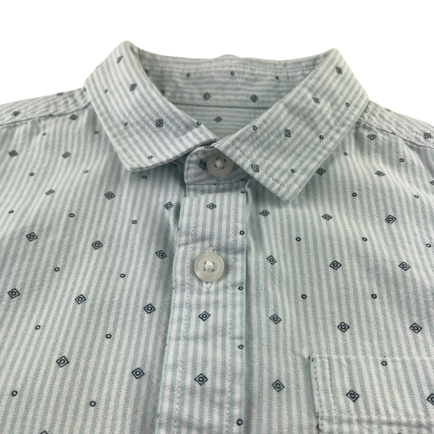 River Island Shirt Age 7 Light Blue and White Stripy with Diamond Pattern Short Sleeve Button Up