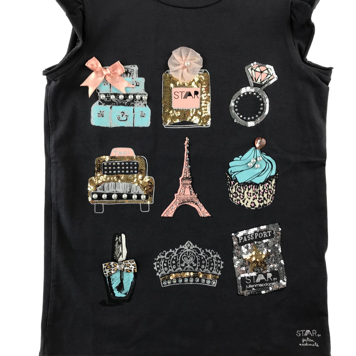 STAR by Julien MacDonald t-shirt 8-9 years dark grey sequin Paris theme tank top