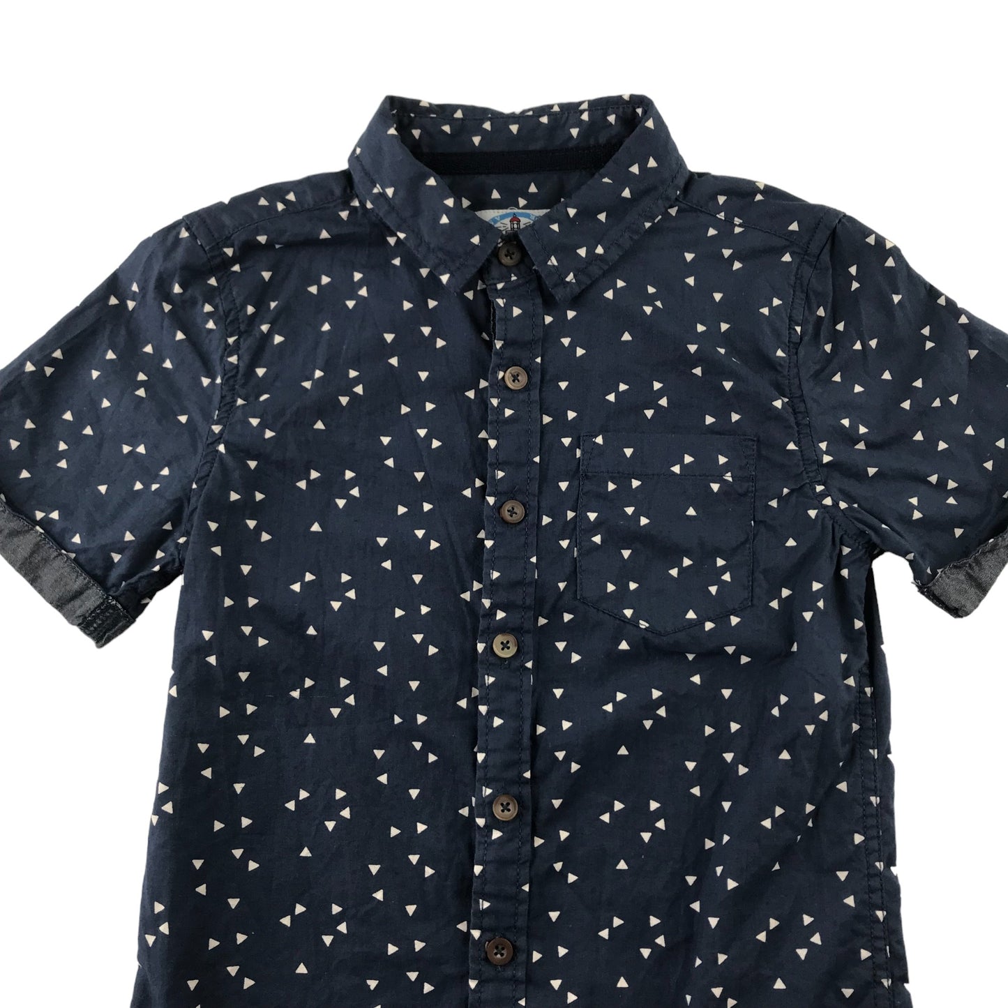 Tu Shirt Age 8 Navy with Triangle Pattern Short Sleeve Button Up Cotton