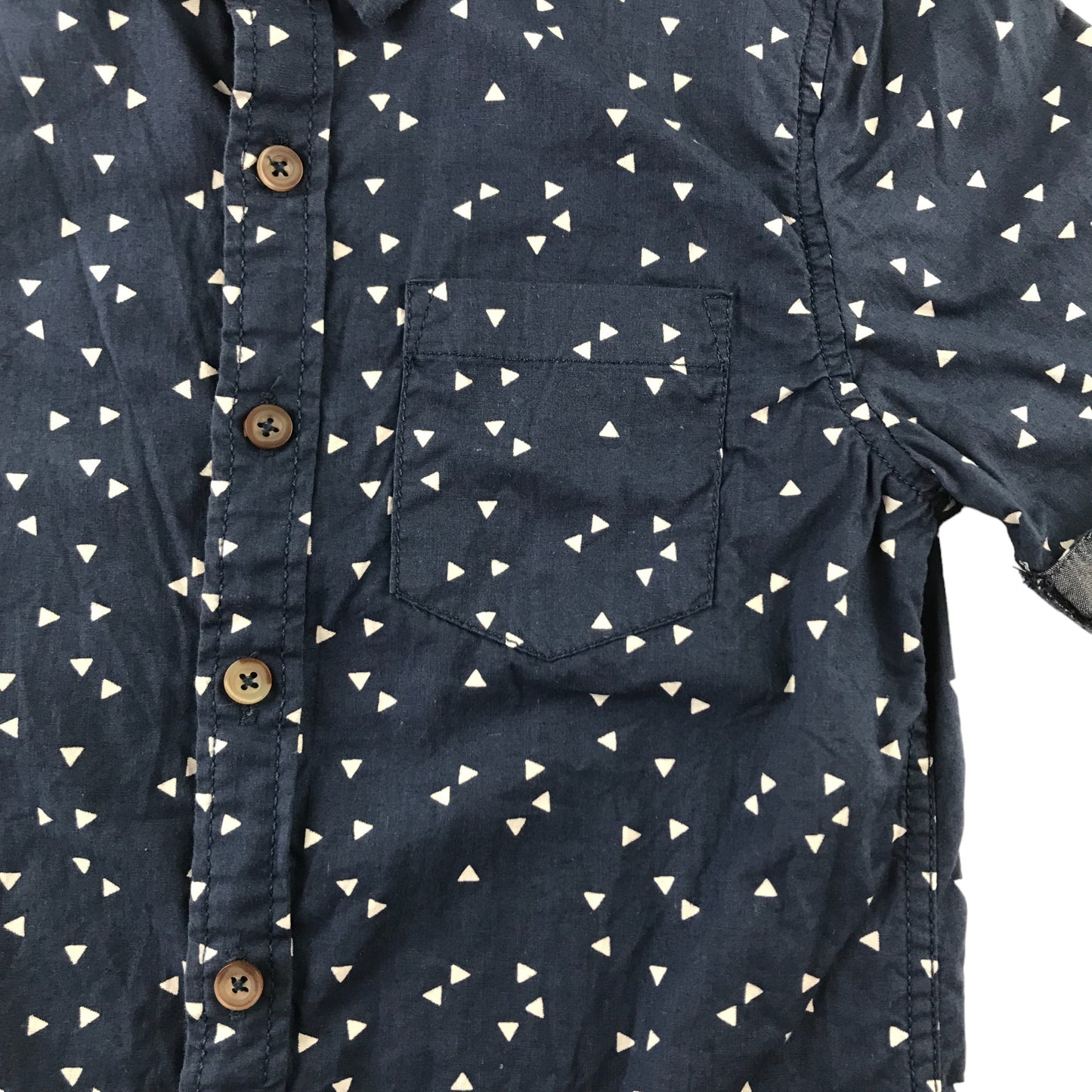 Tu Shirt Age 8 Navy with Triangle Pattern Short Sleeve Button Up Cotton