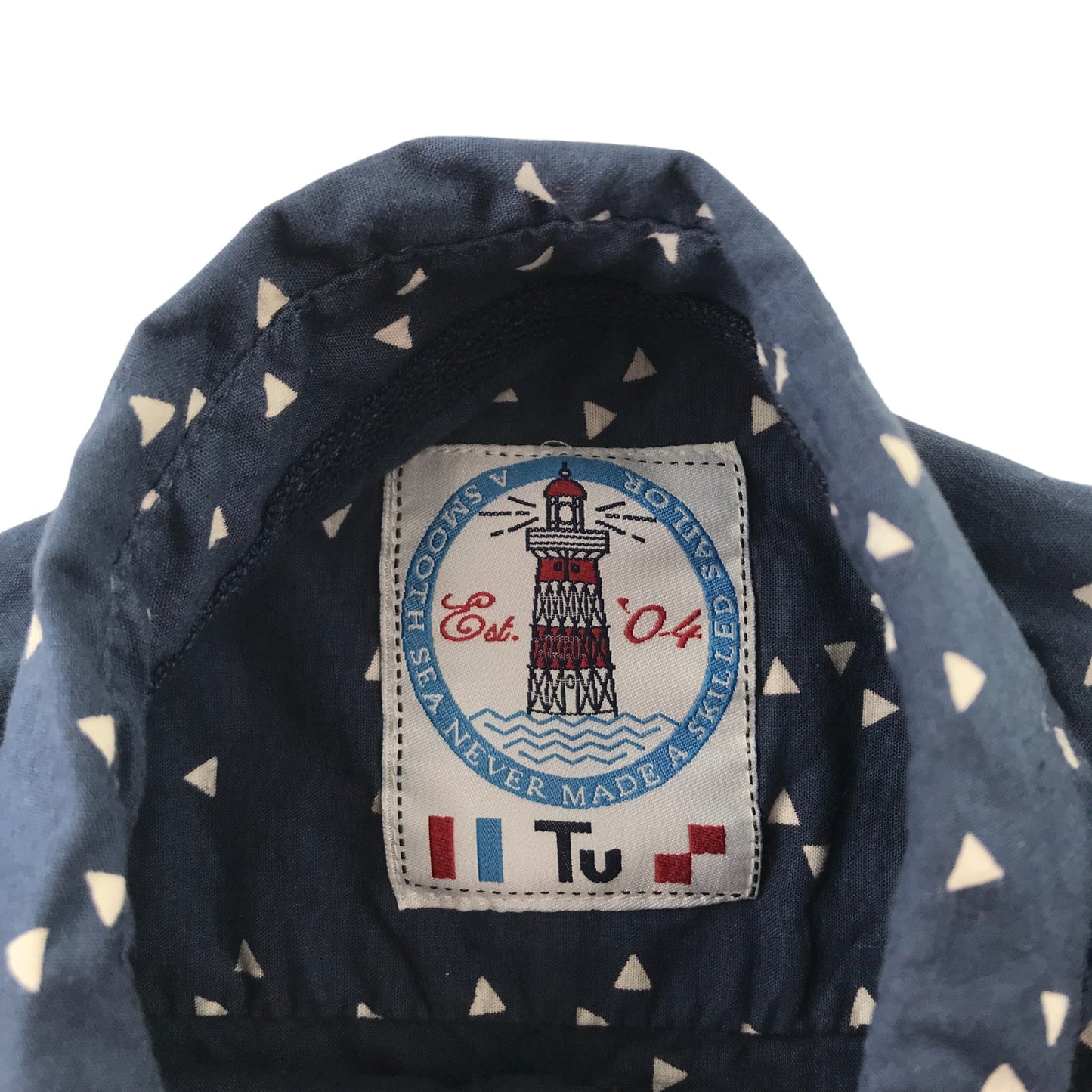 Tu Shirt Age 8 Navy with Triangle Pattern Short Sleeve Button Up Cotton