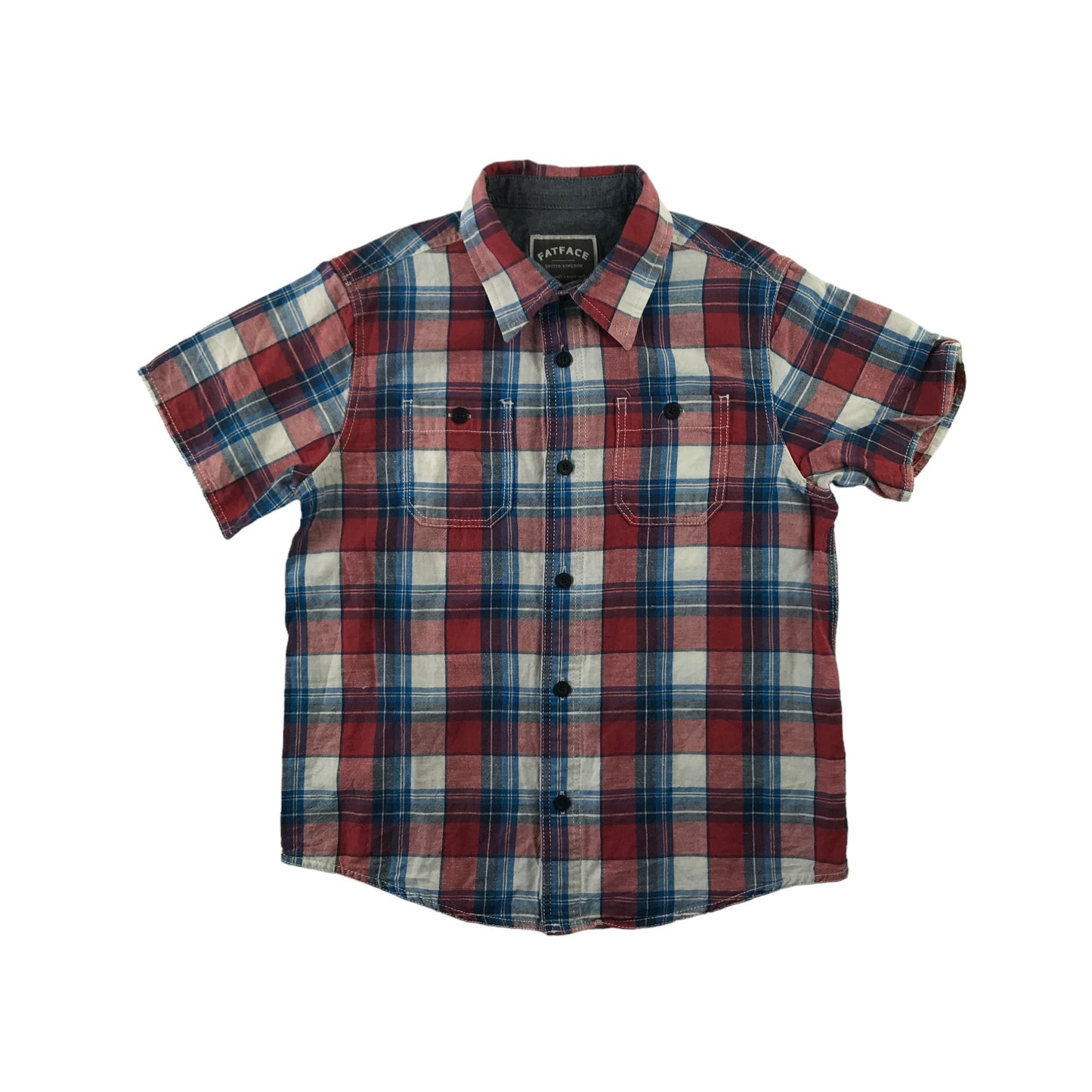 Fatface Shirt Age 8 Red White Blue Checked Pattern Short Sleeve Button Up