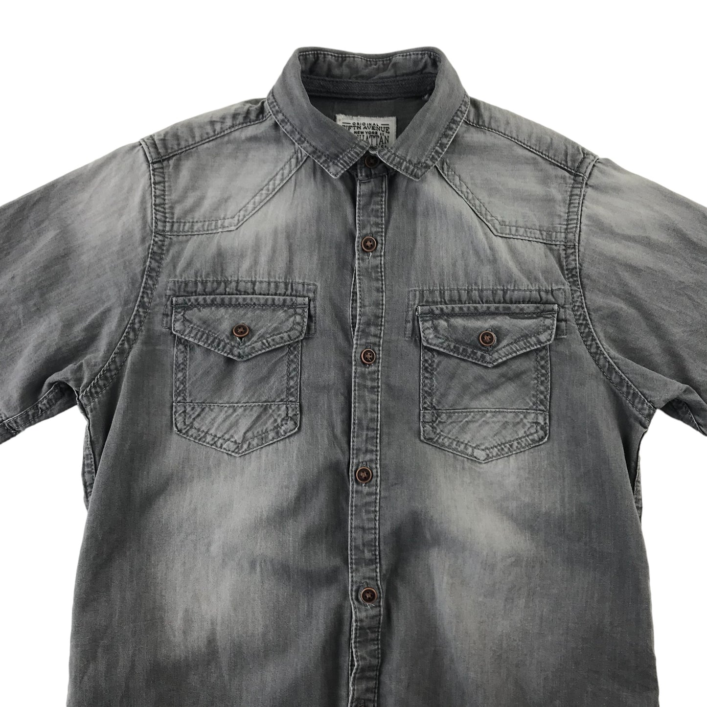 Next Shirt Age 8 Grey Plain Denim Pattern Short Sleeve Button Up Cotton