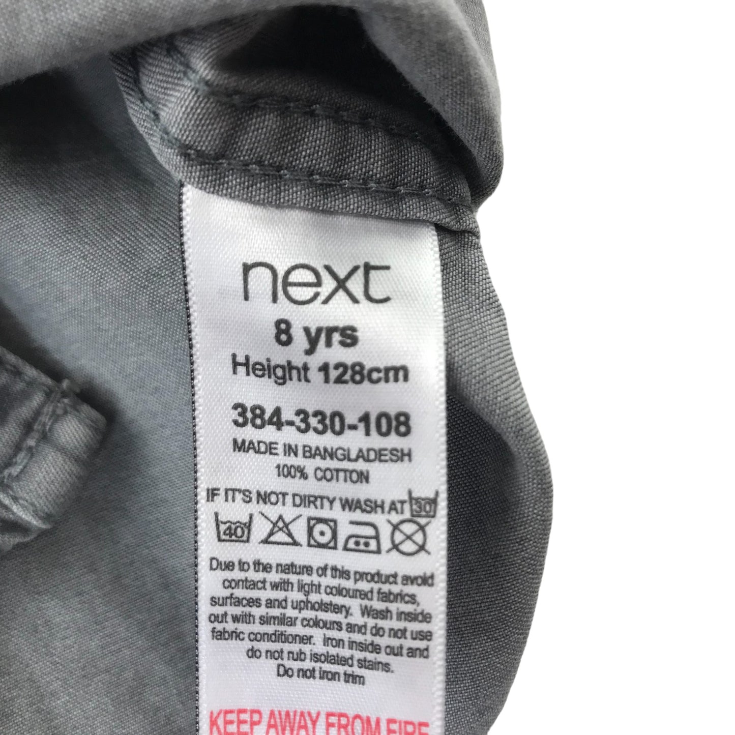 Next Shirt Age 8 Grey Plain Denim Pattern Short Sleeve Button Up Cotton