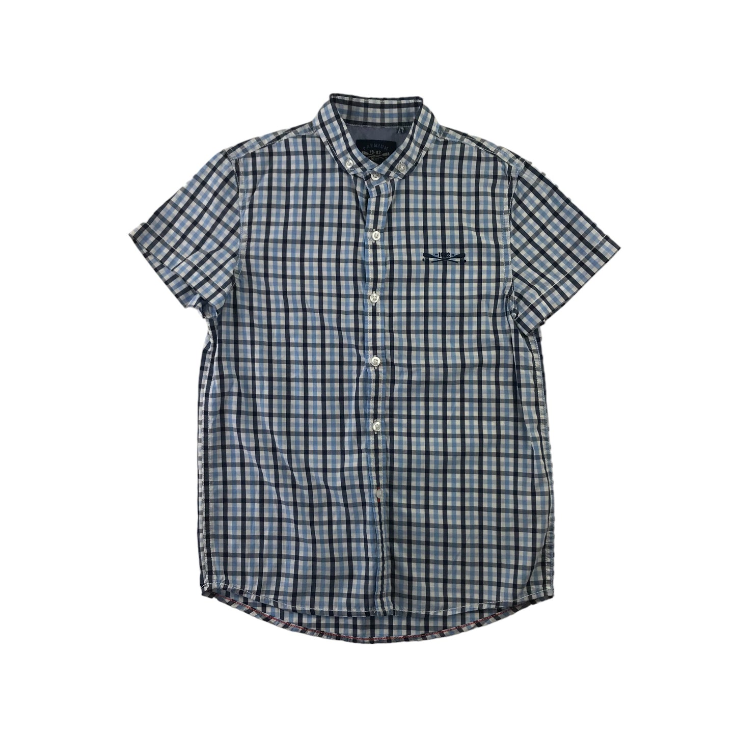 Next Shirt Age 9 Blue and Navy Checked Pattern Short Sleeve Button Up Cotton