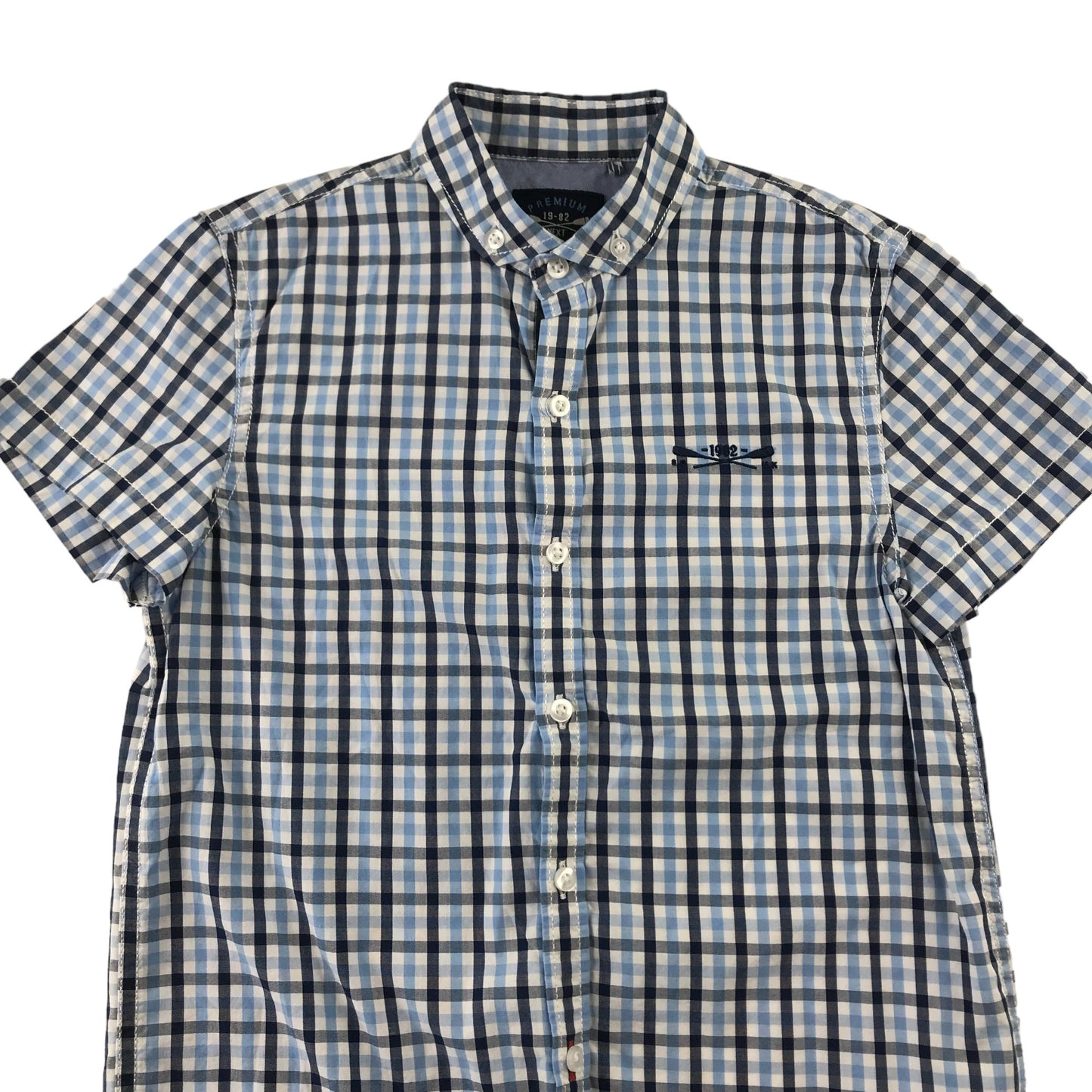 Next Shirt Age 9 Blue and Navy Checked Pattern Short Sleeve Button Up Cotton