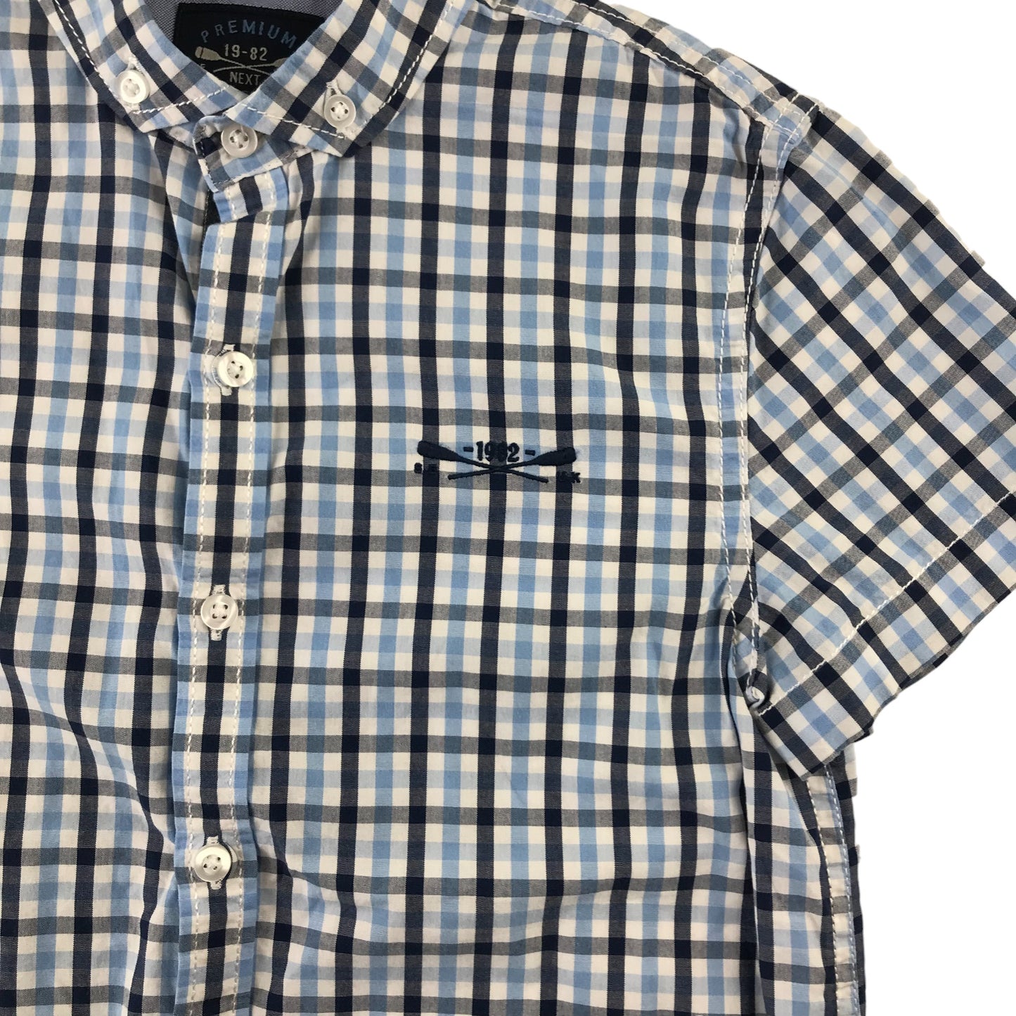 Next Shirt Age 9 Blue and Navy Checked Pattern Short Sleeve Button Up Cotton