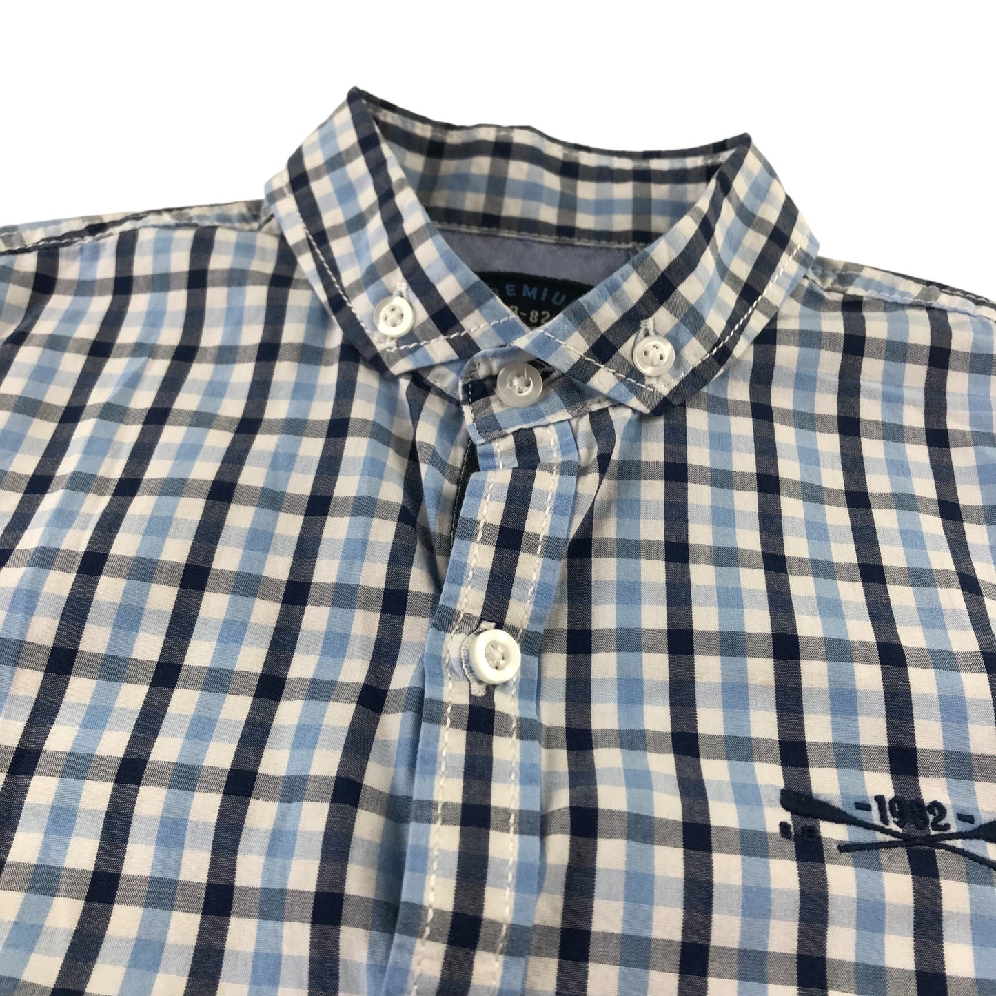 Next Shirt Age 9 Blue and Navy Checked Pattern Short Sleeve Button Up Cotton